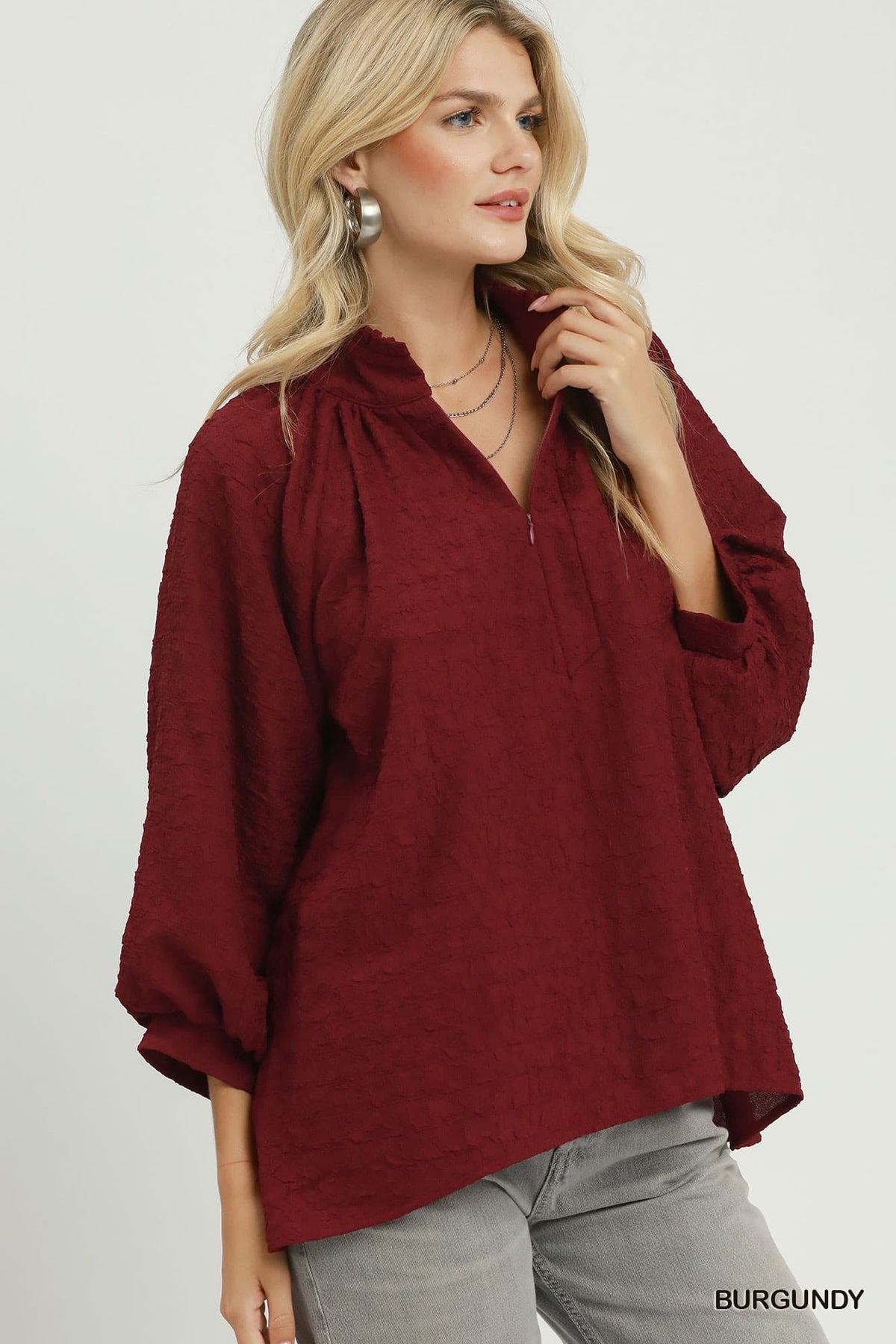 Umgee-Plus Size Textured Split Neck Balloon Sleeve Blouse