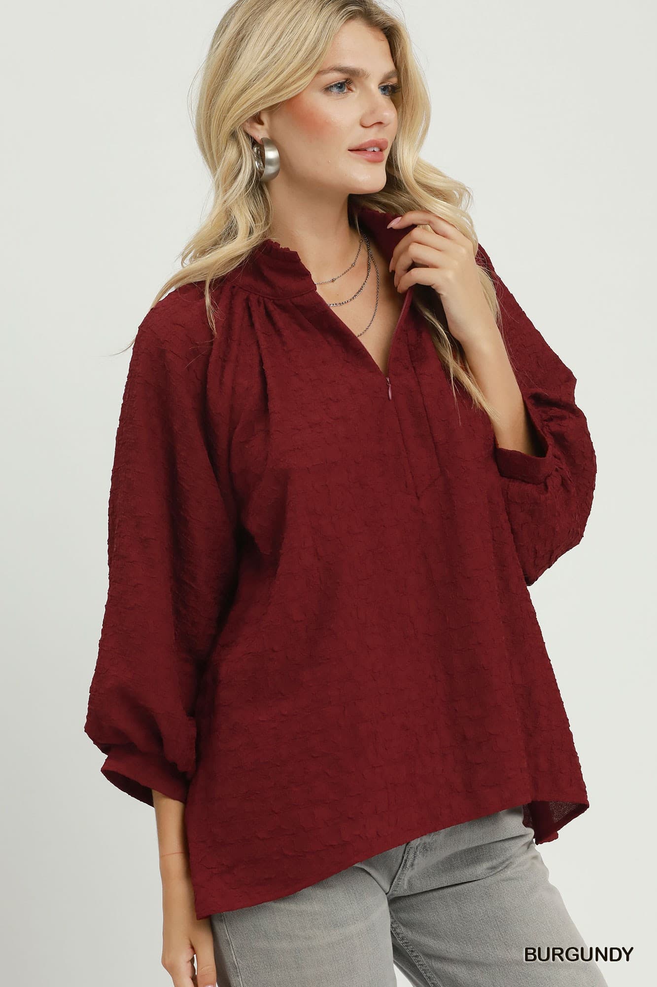 Umgee-Textured Split Neck Balloon Sleeve Blouse