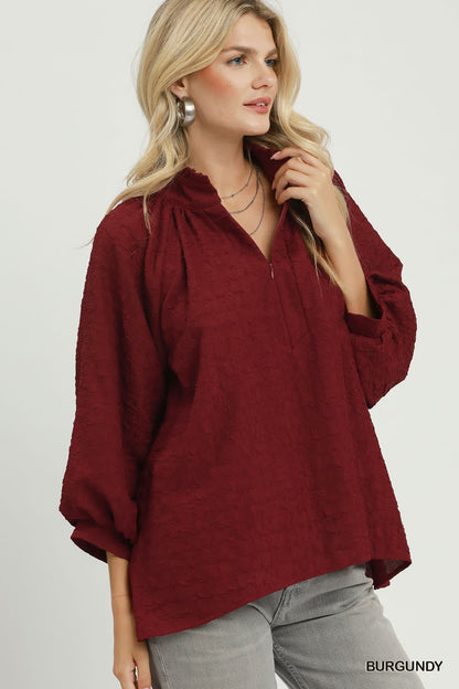 Umgee-Plus Size Textured Split Neck Balloon Sleeve Blouse