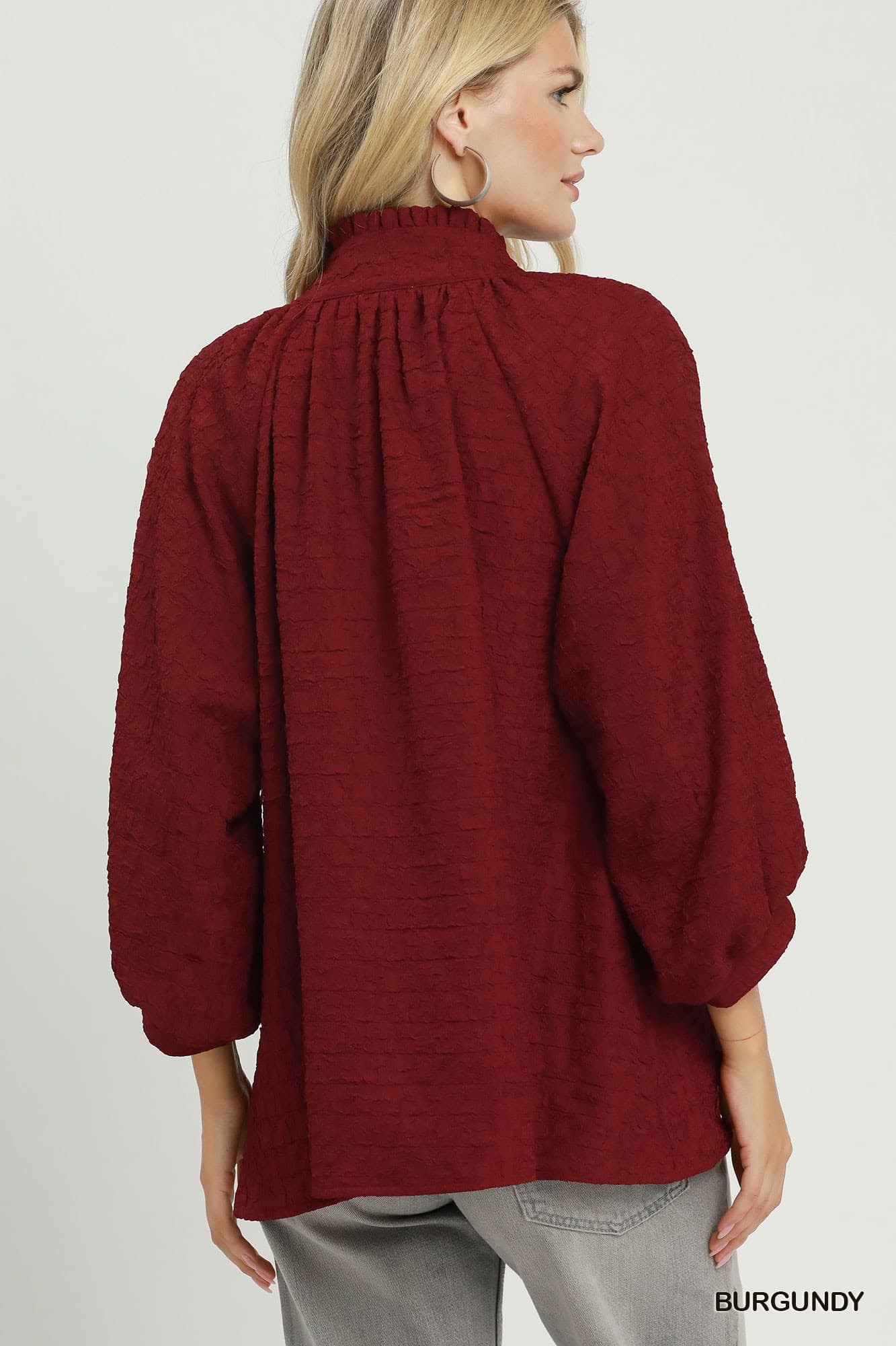 Umgee-Textured Split Neck Balloon Sleeve Blouse