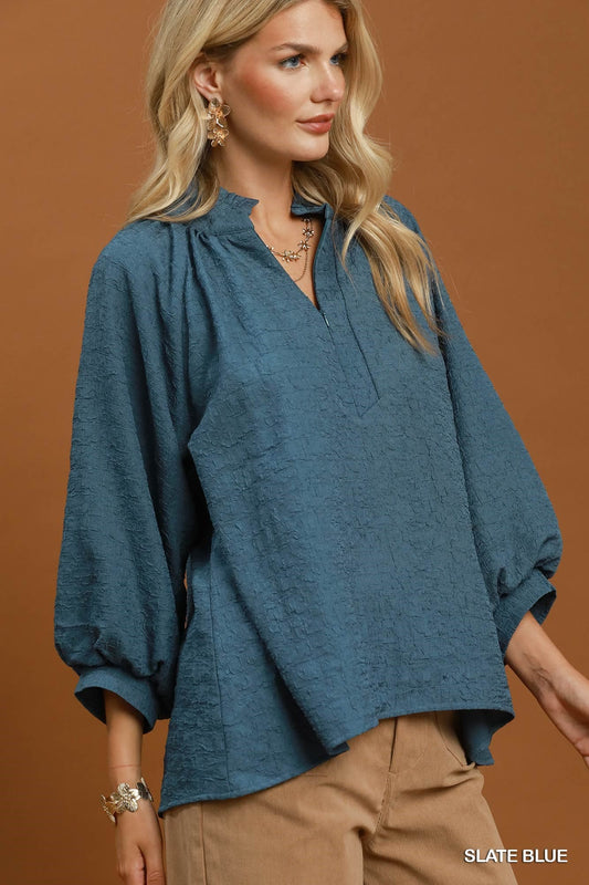 Umgee-Plus Size Textured Split Neck Balloon Sleeve Blouse