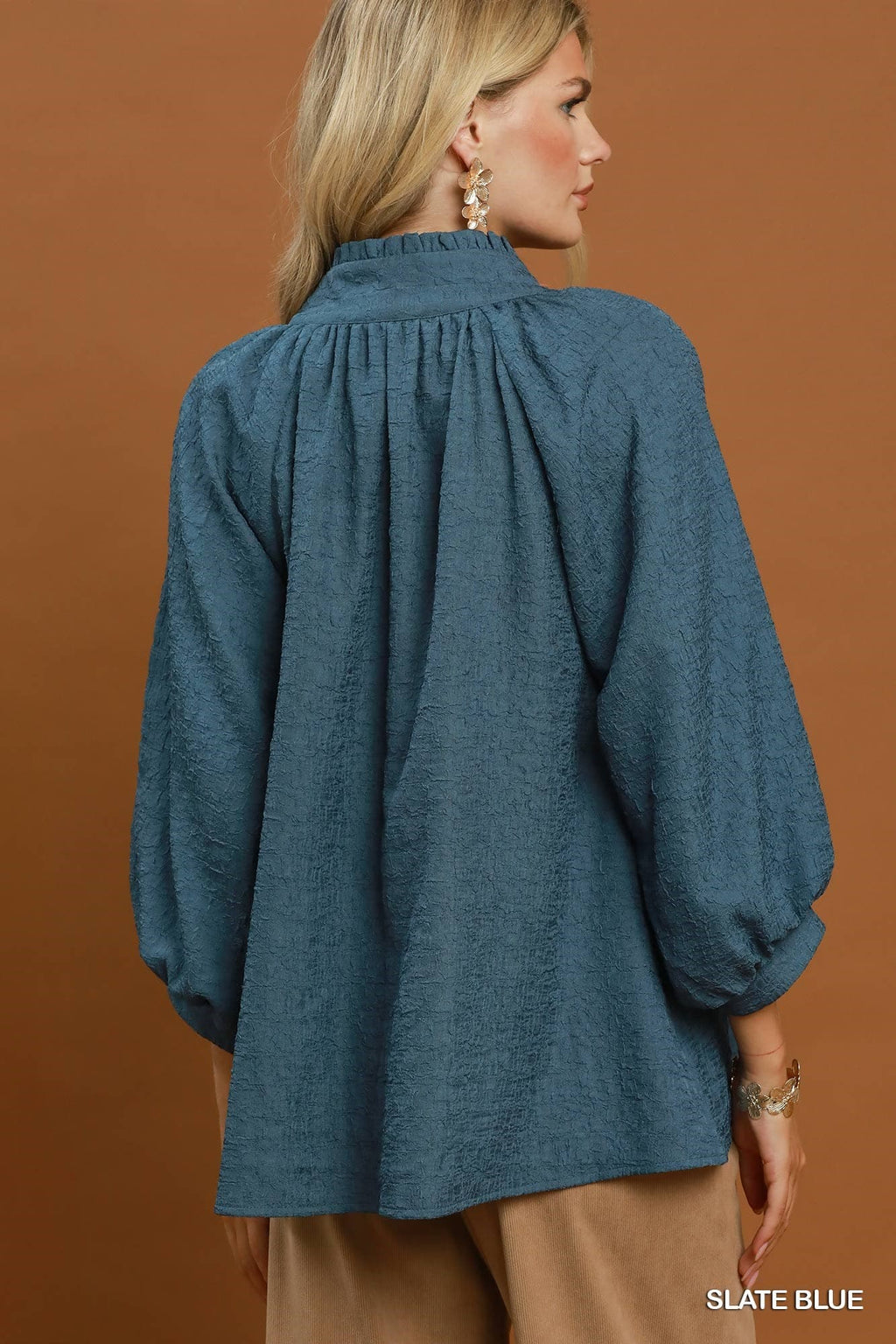 Umgee-Textured Split Neck Balloon Sleeve Blouse