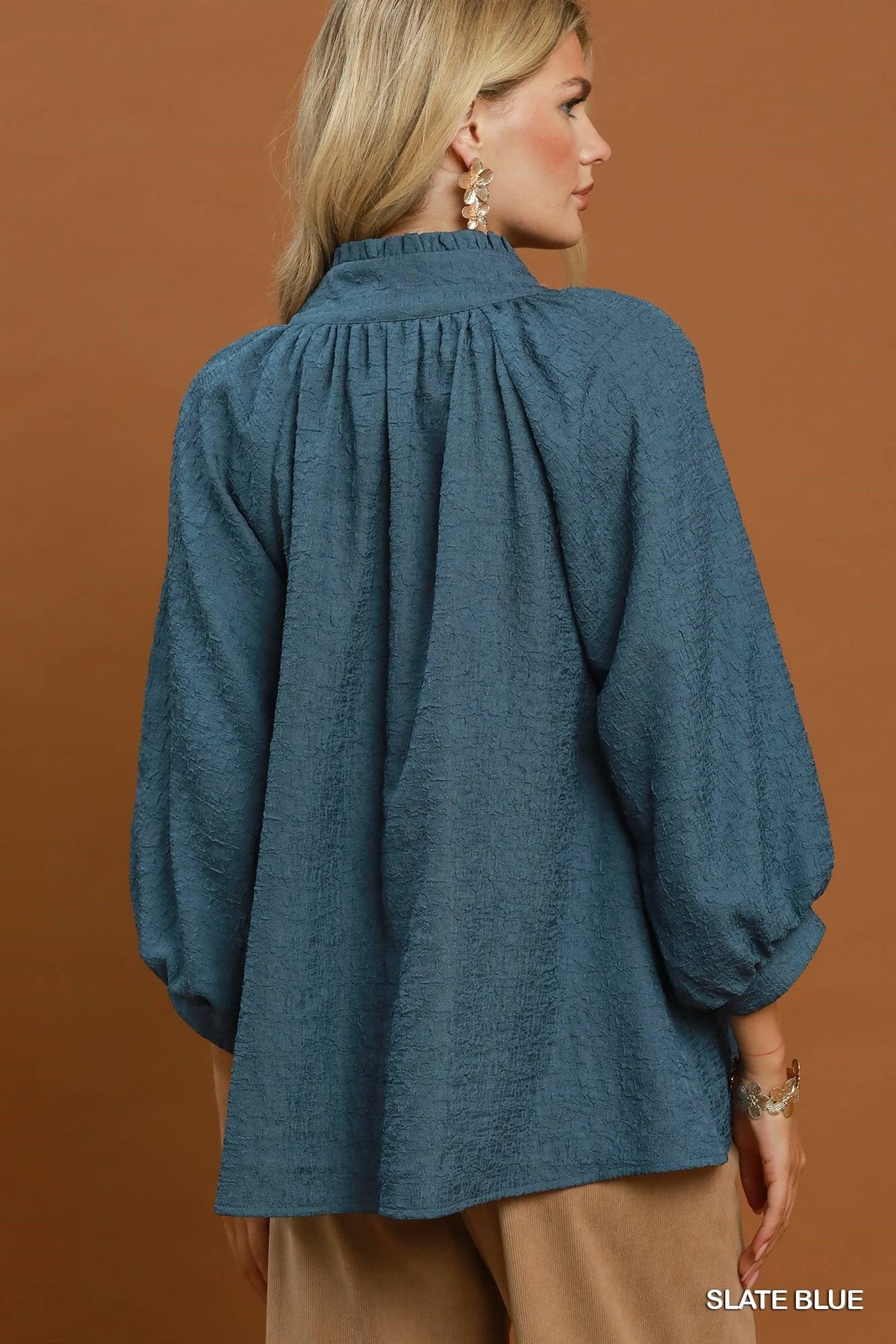 Umgee-Plus Size Textured Split Neck Balloon Sleeve Blouse