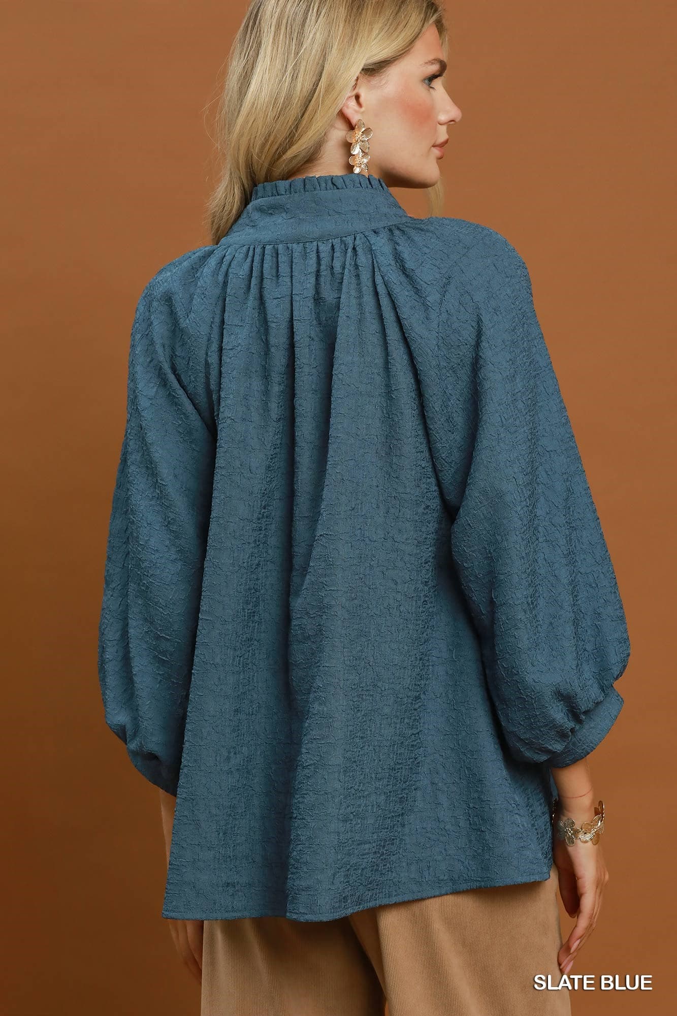 Umgee-Textured Split Neck Balloon Sleeve Blouse