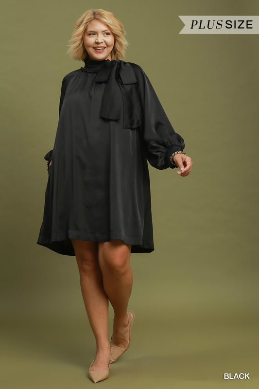 Umgee-Satin Tie Neck Mini Dress