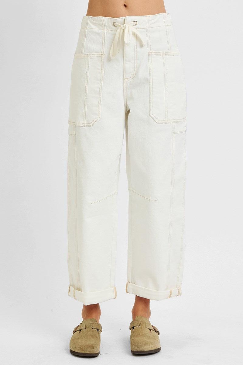 Risen-HIGH RISE CROP WIDE BARREL CARGO POCKET PANTS