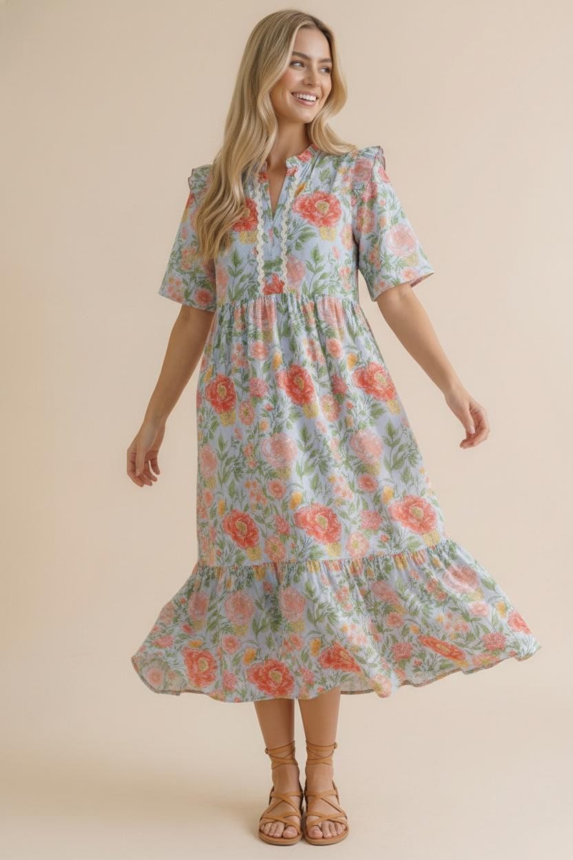 Light Blue & Coral Babydoll Tiered Ruffle Dress