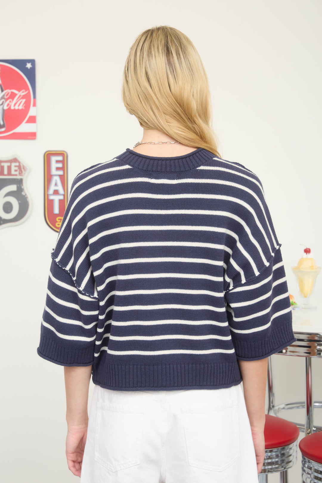 Blu Pepper-STRIPE RAW EDGE DROP SHOULDER SHORT SLEEVE SWEATER