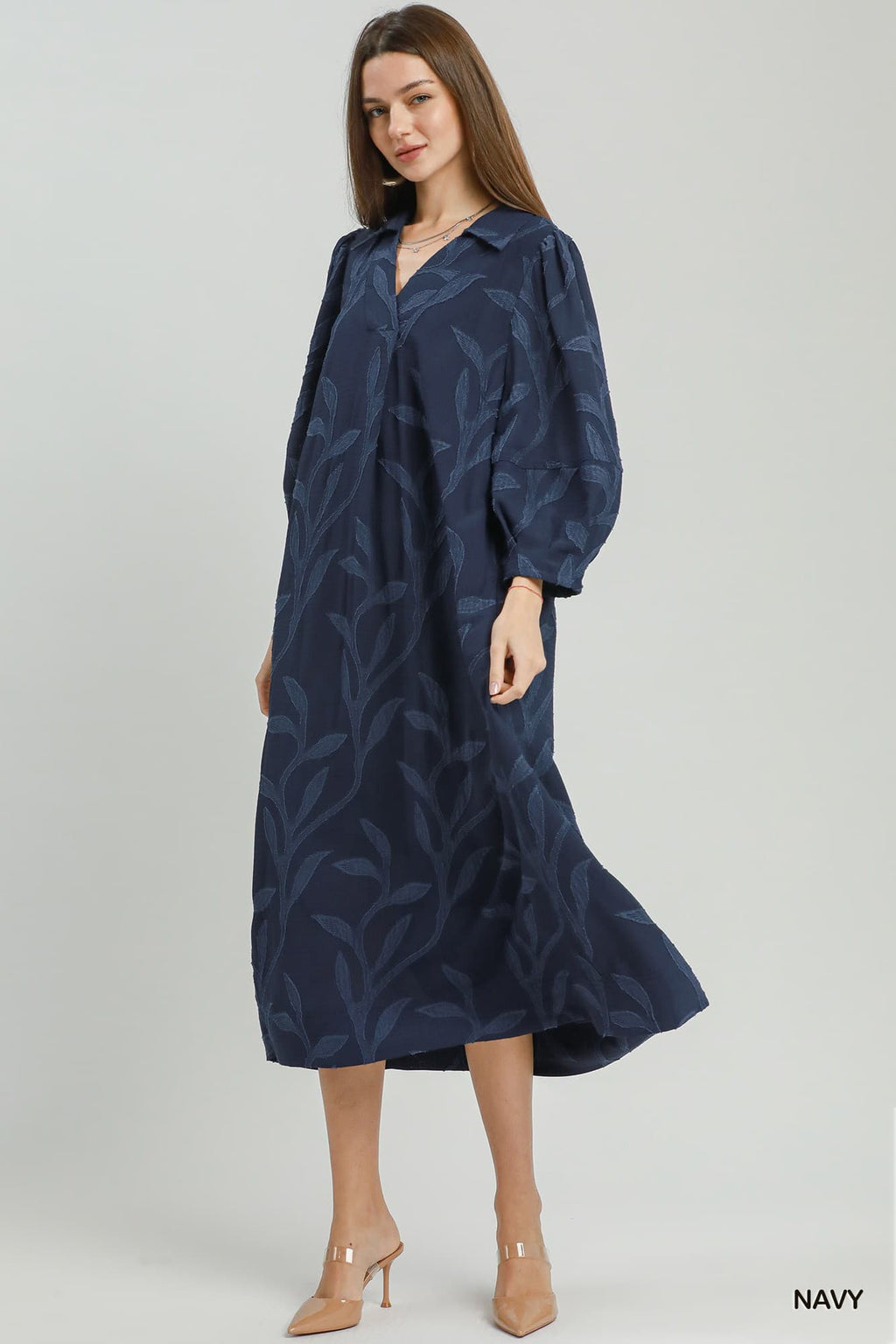 Umgee-Jacquard Collared Midi Dress