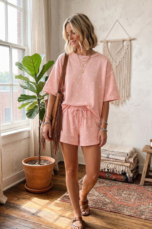 Woman in a pink outfit standing in a room with a plant and macrame wall hanging.
