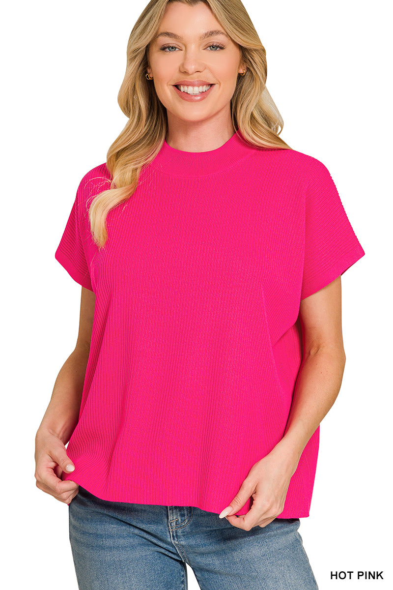 Zenana-VISCOSE MOCK NECK SHORT SLEEVE BOXY SWEATER