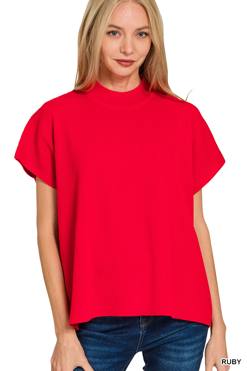 Zenana-VISCOSE MOCK NECK SHORT SLEEVE BOXY SWEATER