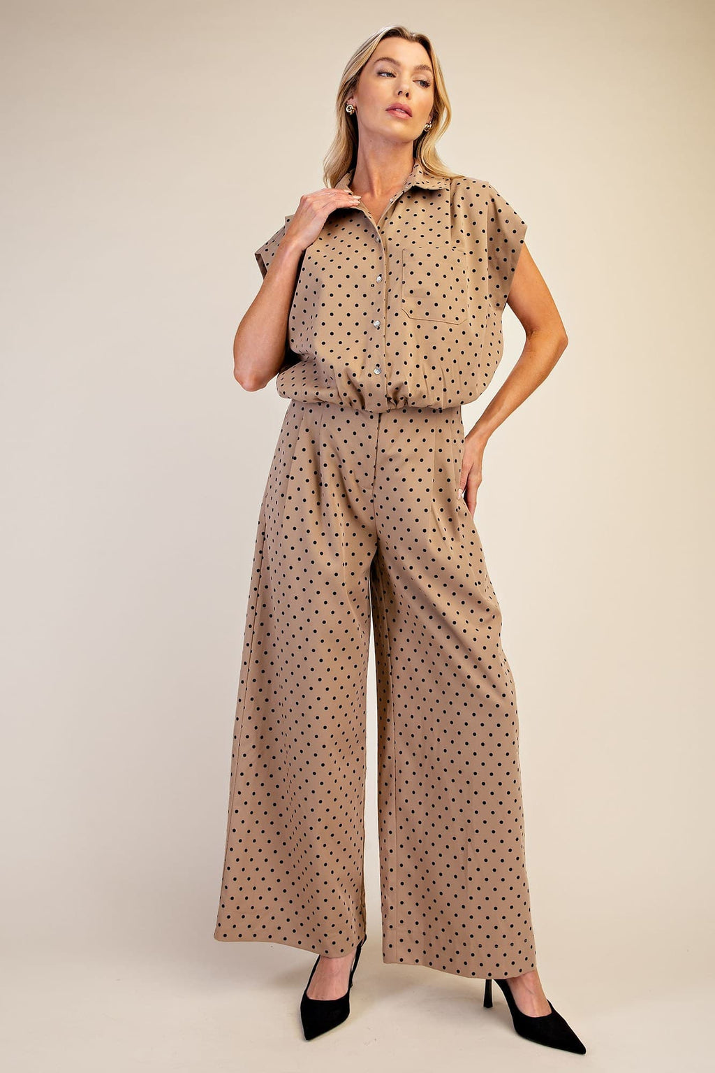 Glam-Balloon Shirt With Pleated Shoulder Button down Front Pocket with matching wide leg pants