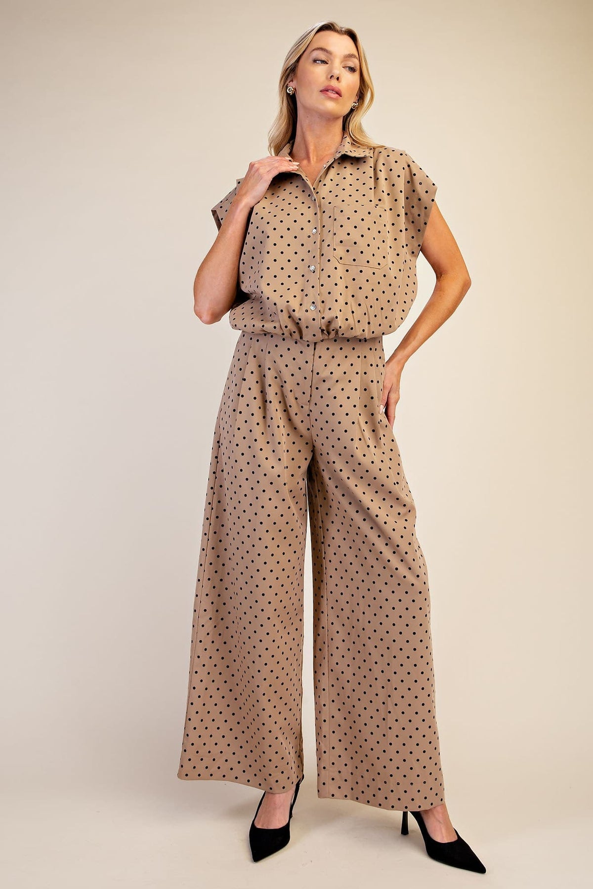 Glam-Balloon Shirt With Pleated Shoulder Button down Front Pocket with matching wide leg pants