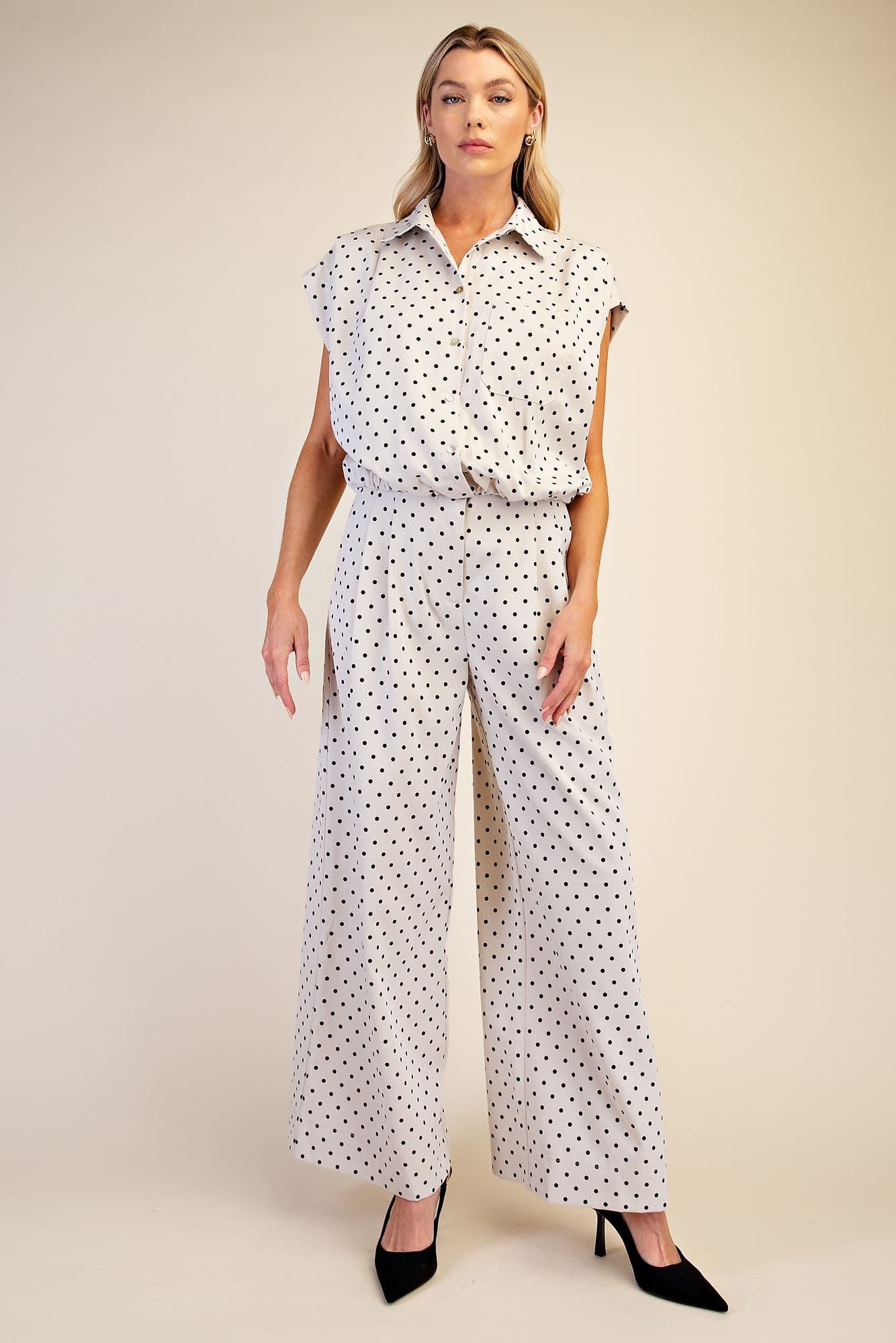 Glam-Balloon Shirt With Pleated Shoulder Button down Front Pocket with matching wide leg pants