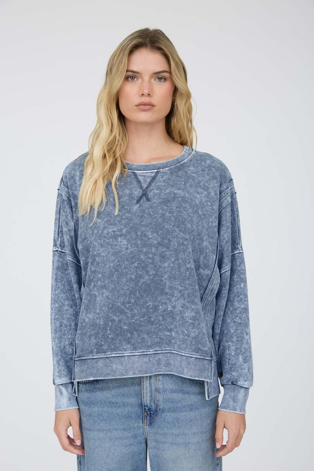 Blu Pepper-ACID WASH LONG SLEEVE SIDE SLIT KNIT TOP