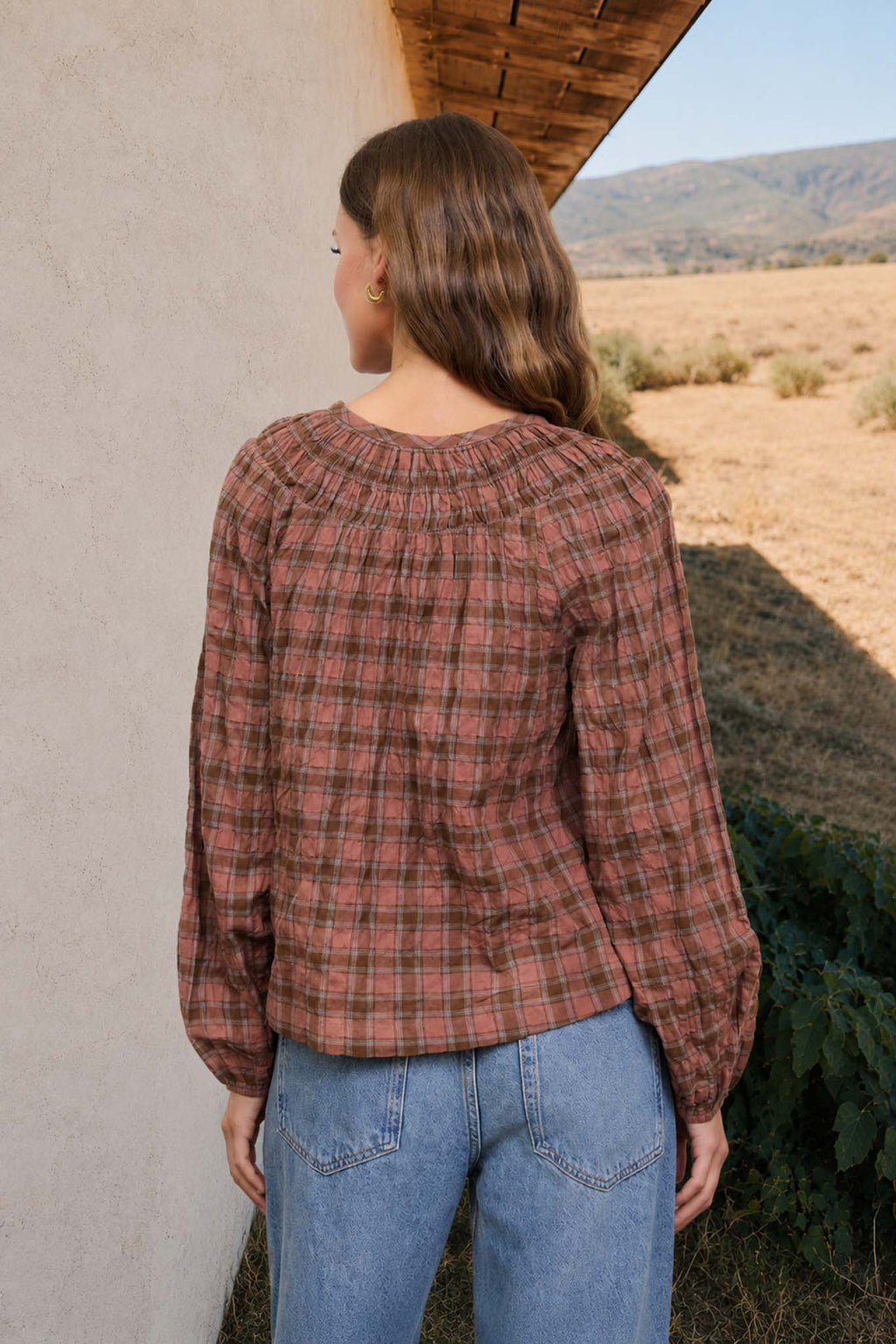 Blu Pepper-PLAID SHIRRED YOKE FRONT TIE LONG SLEEVE TOP