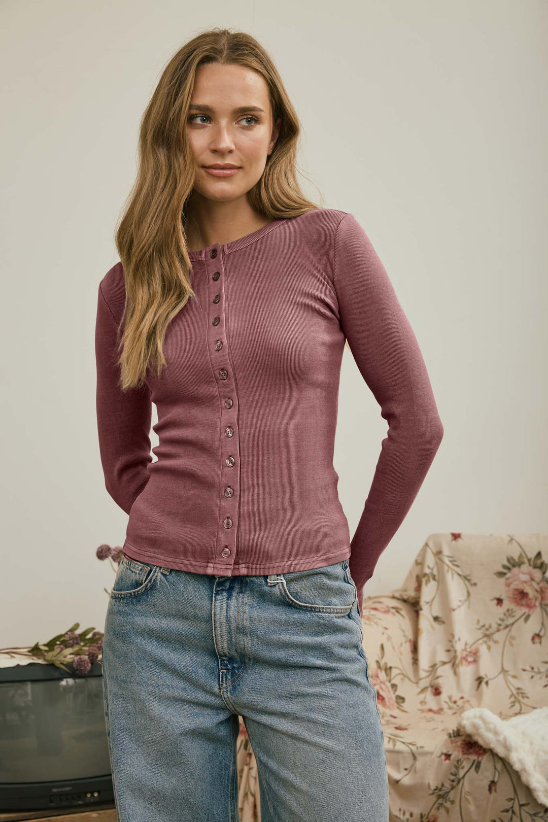 Blu Pepper-BUTTON FRONT ROUND NECK LONG SLEEVE KNIT TOP