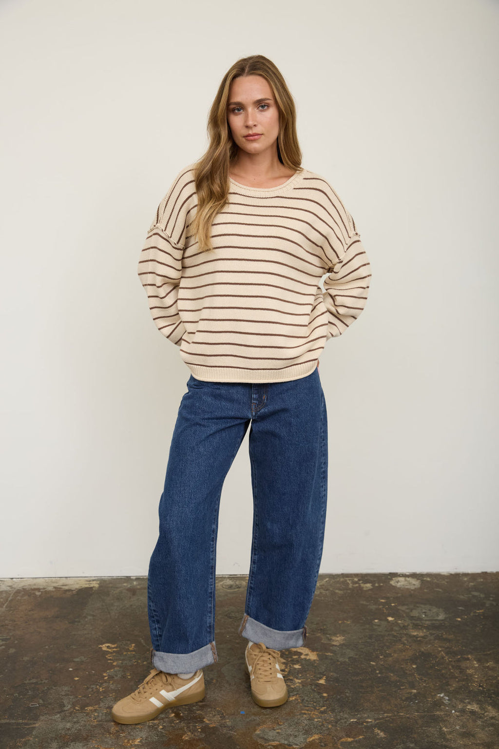 Blu Pepper-CREAM STRIPED DROP SHOULDER CREW NECK SWEATER