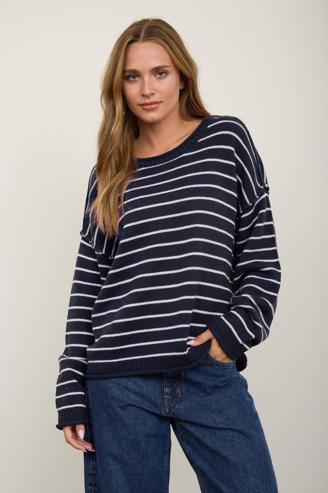 Blu Pepper-CREAM STRIPED DROP SHOULDER CREW NECK SWEATER