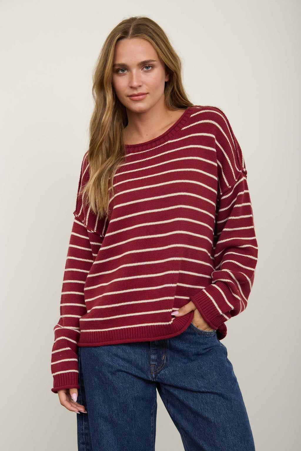 Blu Pepper-CREAM STRIPED DROP SHOULDER CREW NECK SWEATER