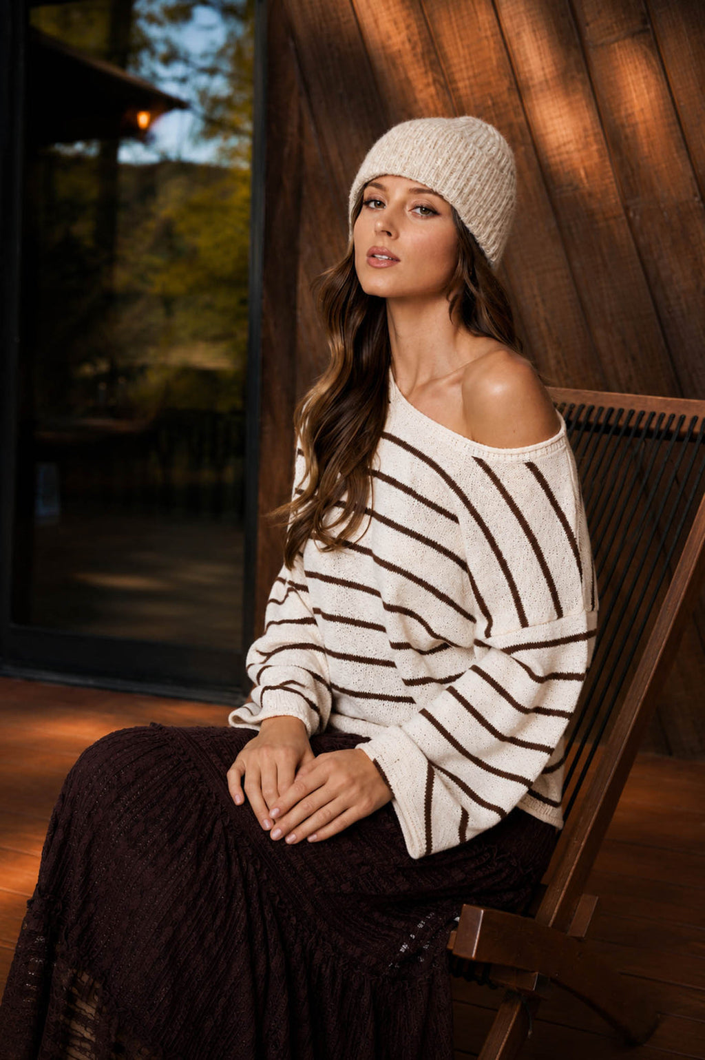 Blu Pepper-STRIPE TEXTURED RAW EDGE LONG SLEEVE KNIT SWEATER