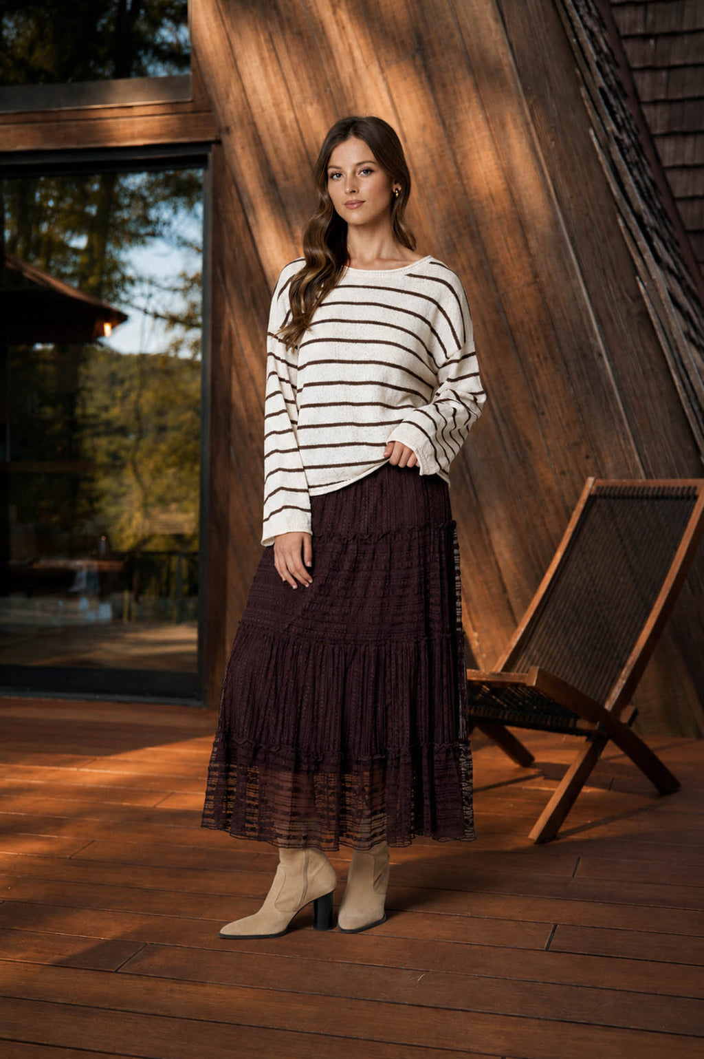 Blu Pepper-STRIPE TEXTURED RAW EDGE LONG SLEEVE KNIT SWEATER