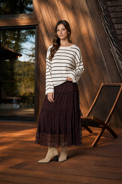 Blu Pepper-STRIPE TEXTURED RAW EDGE LONG SLEEVE KNIT SWEATER