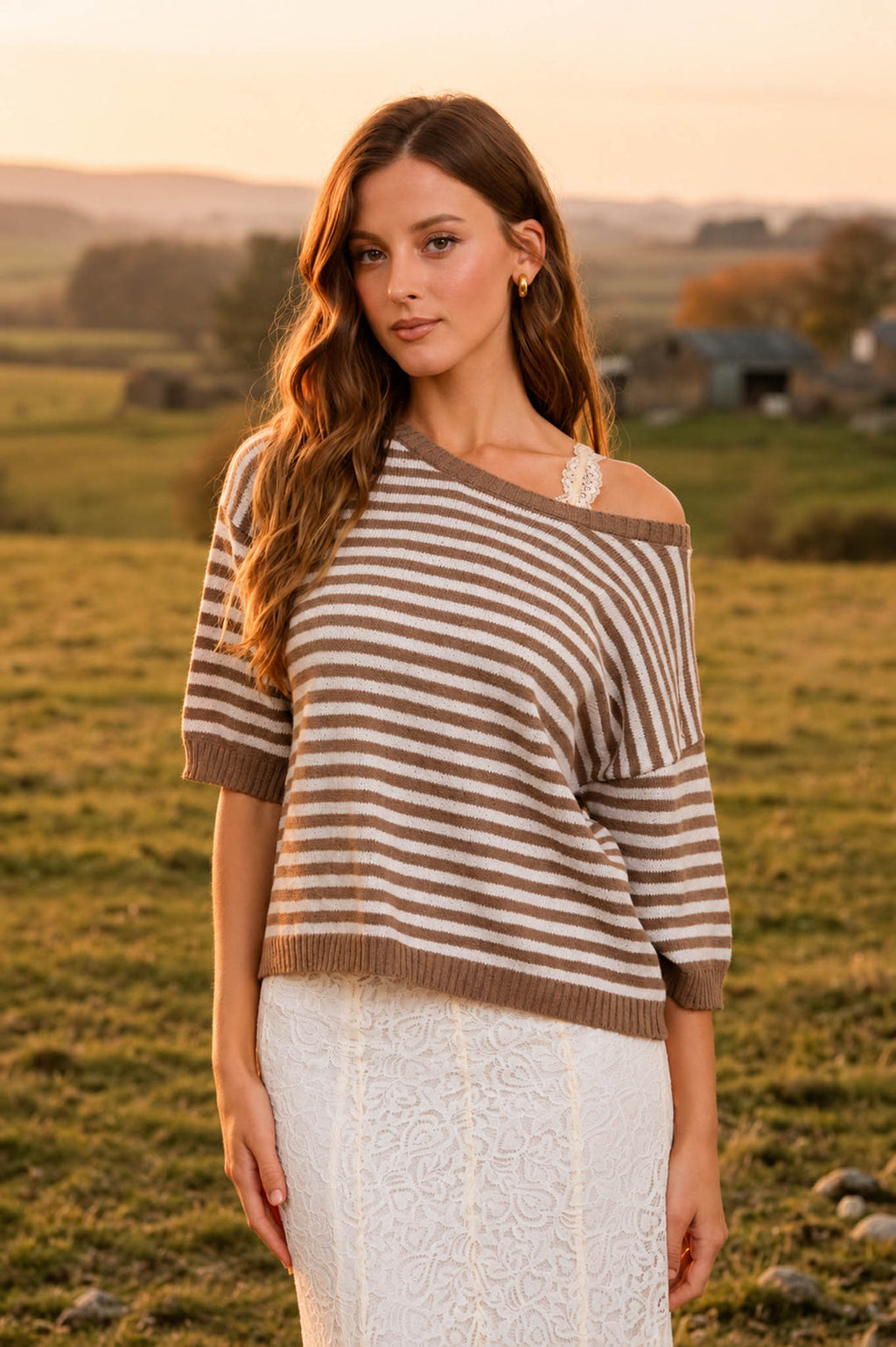 Blu Pepper-STRIPE CONTRAST TRIM SHORT SLEEVE KNIT SWEATER