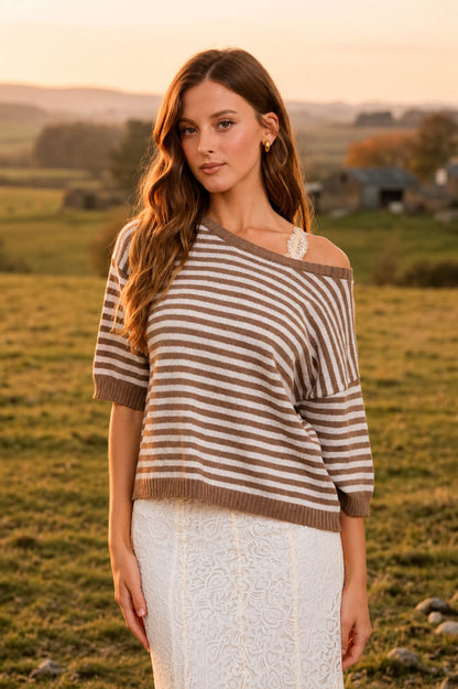 Blu Pepper-STRIPE CONTRAST TRIM SHORT SLEEVE KNIT SWEATER