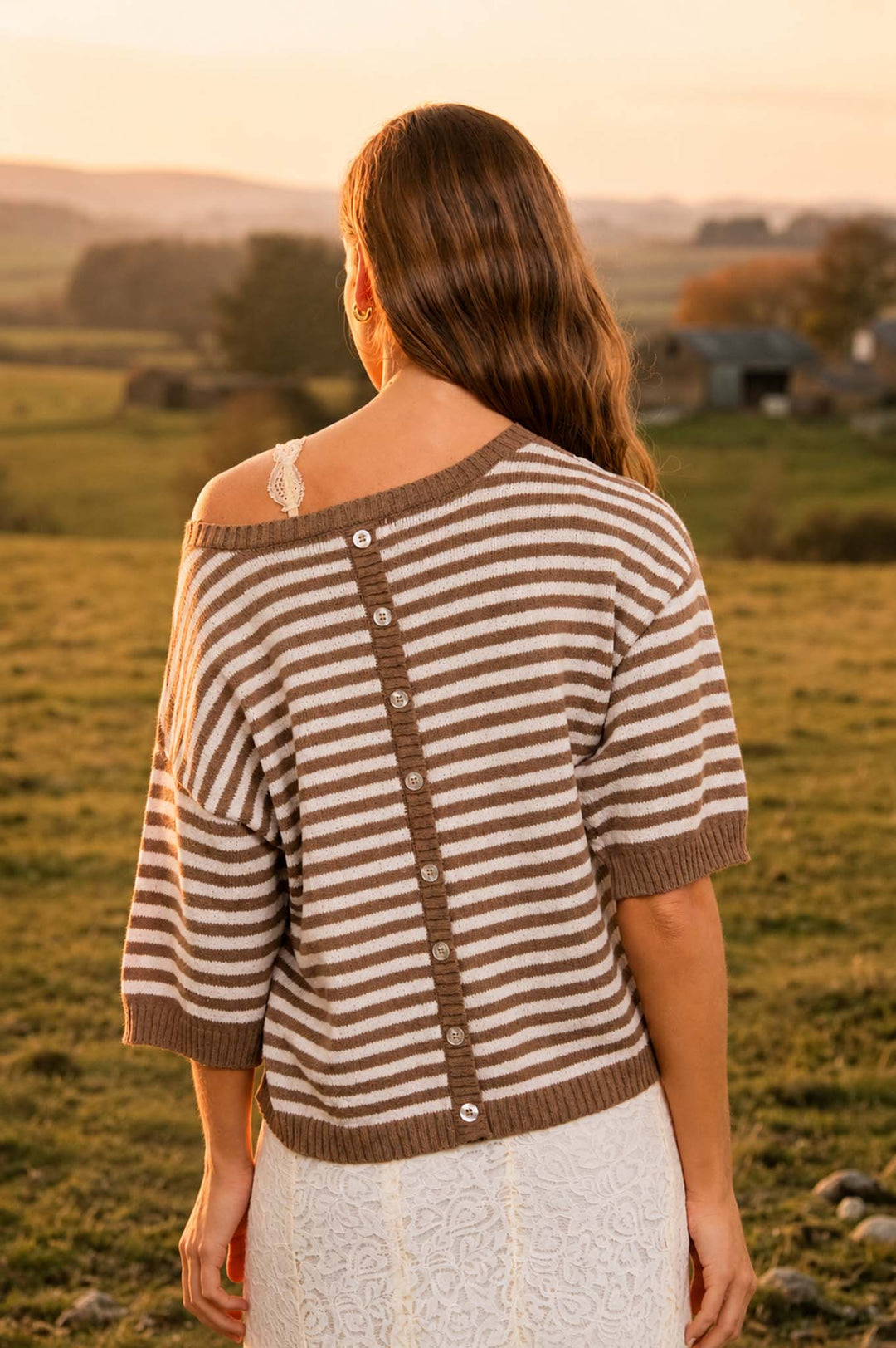 Blu Pepper-STRIPE CONTRAST TRIM SHORT SLEEVE KNIT SWEATER