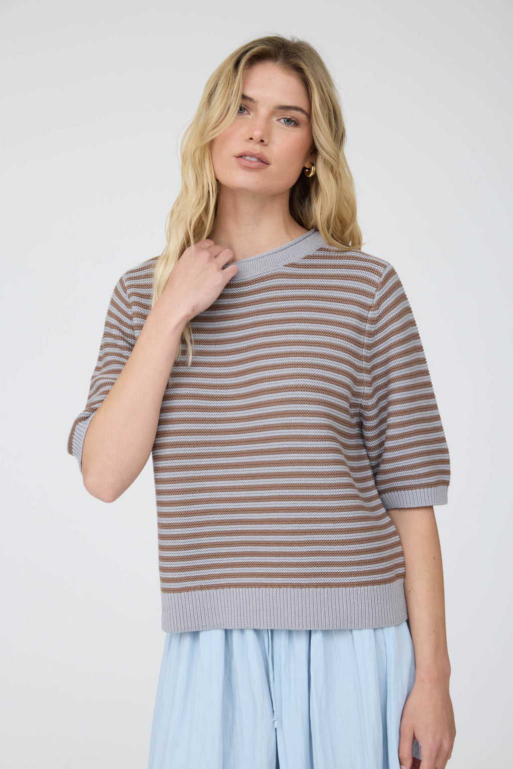 Blu Pepper-TEXTURED STRIPE CREW NECK HALF SLEEVE SWEATER