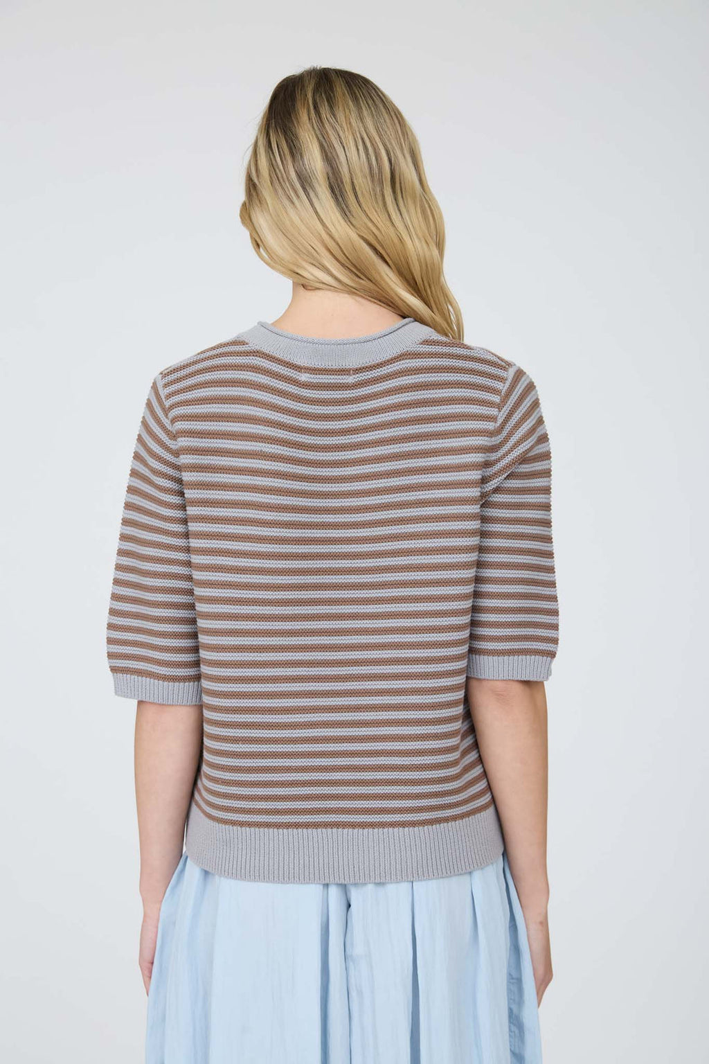 Blu Pepper-TEXTURED STRIPE CREW NECK HALF SLEEVE SWEATER