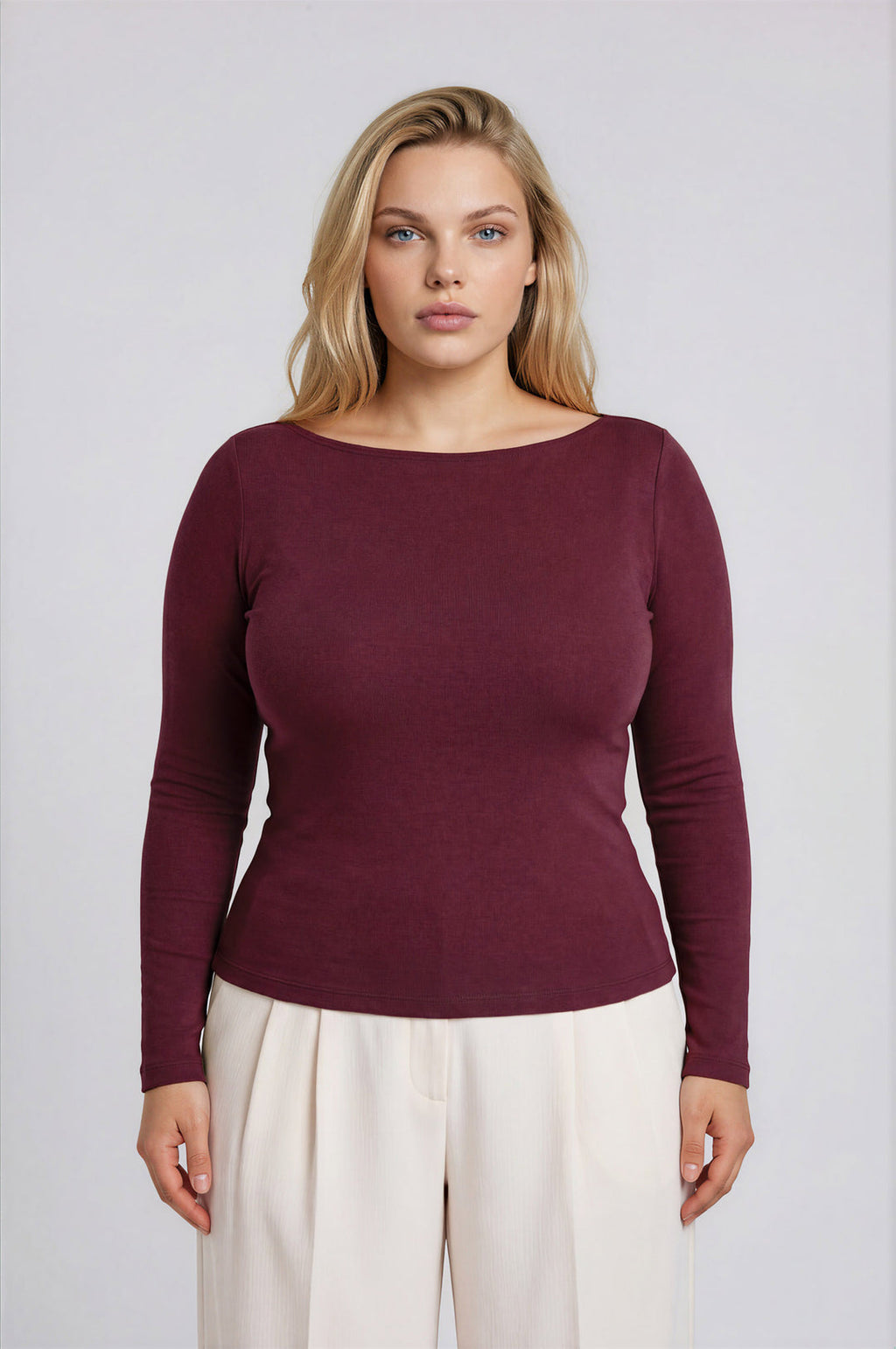 Blu Pepper-PLUS BOAT NECK LONG SLEEVE SOLID KNIT TOP