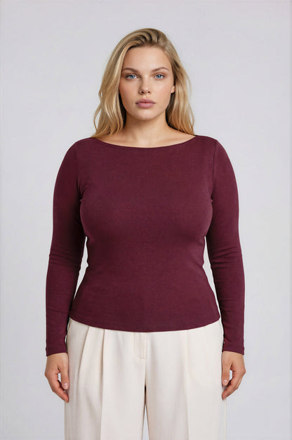 Blu Pepper-PLUS BOAT NECK LONG SLEEVE SOLID KNIT TOP