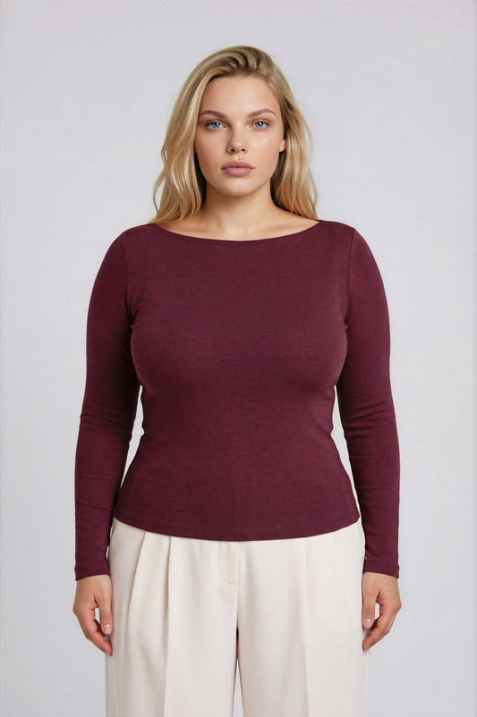 Blu Pepper-PLUS BOAT NECK LONG SLEEVE SOLID KNIT TOP