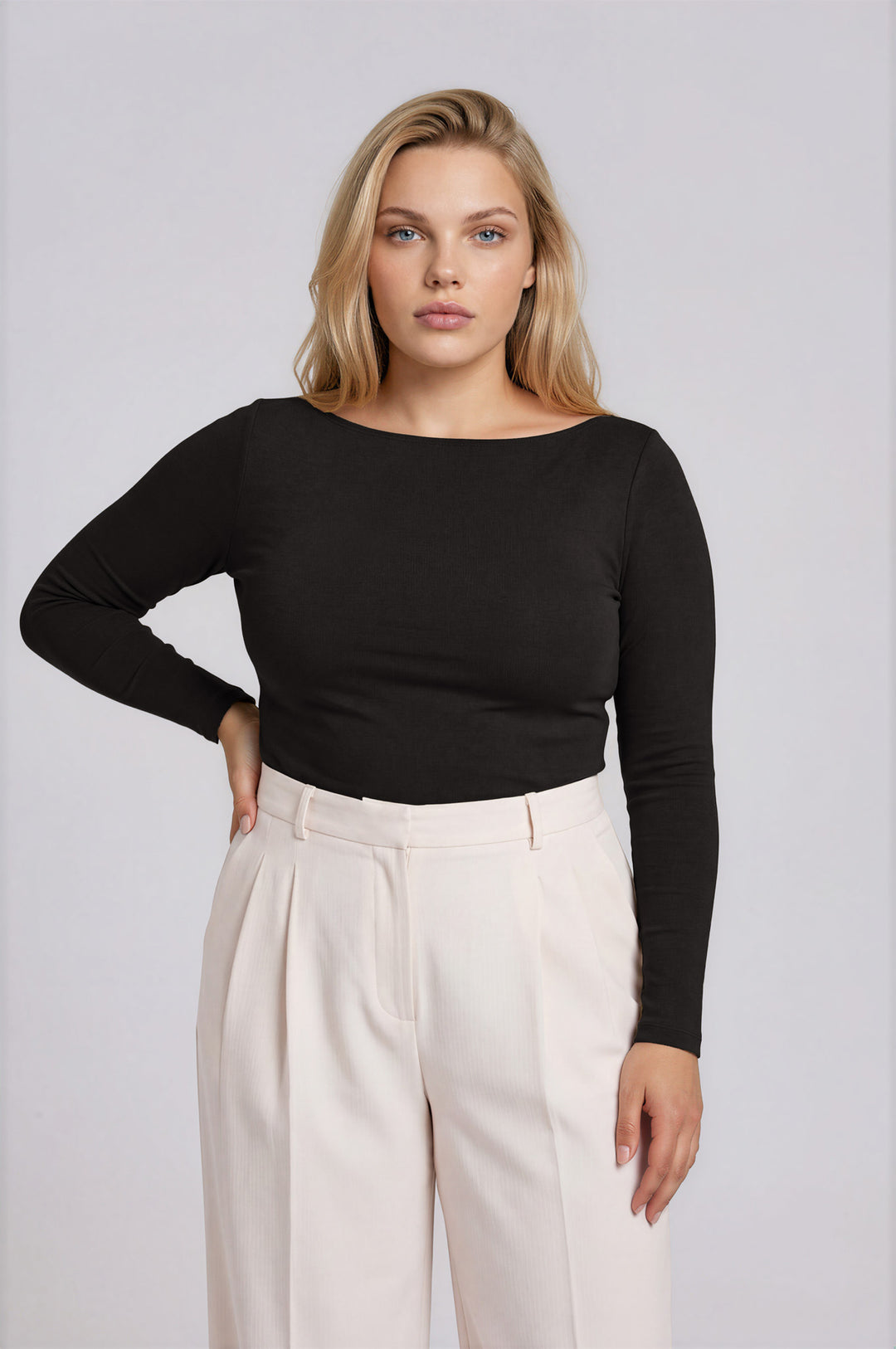 Blu Pepper-PLUS BOAT NECK LONG SLEEVE SOLID KNIT TOP