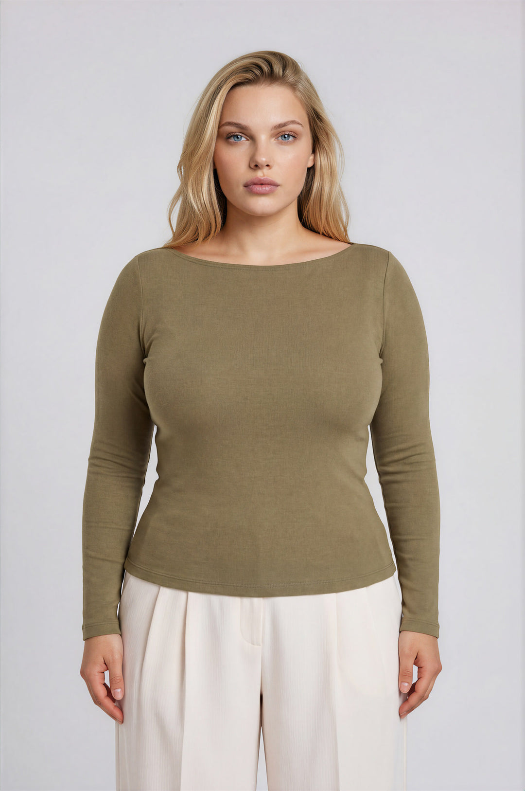 Blu Pepper-PLUS BOAT NECK LONG SLEEVE SOLID KNIT TOP