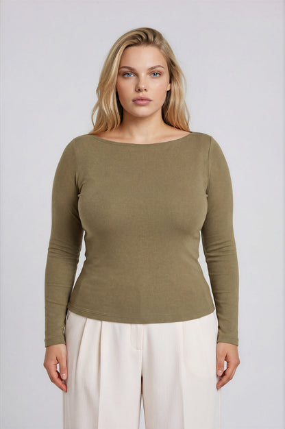 Blu Pepper-PLUS BOAT NECK LONG SLEEVE SOLID KNIT TOP