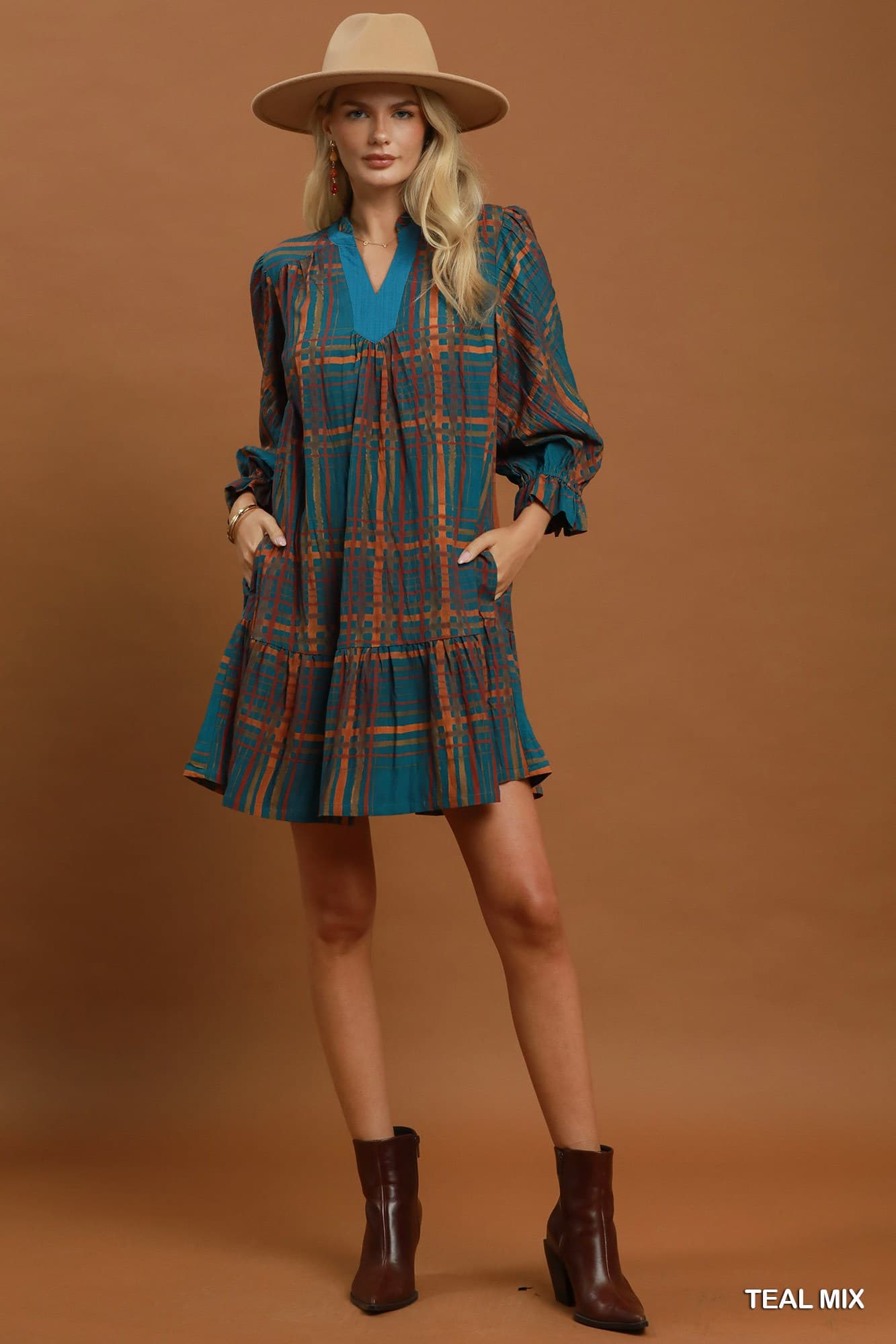Umgee Plus Mix Plaid Print Tiered Babydoll Dress