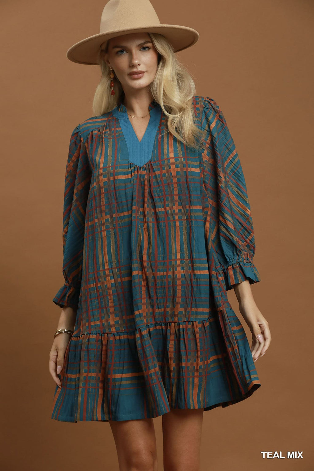Umgee-Mix Plaid Tiered Babydoll Dress