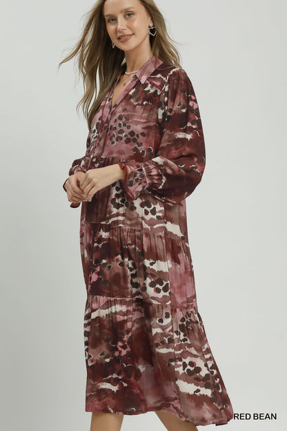 Umgee-Mixed Abstract Print Tiered Maxi Dress