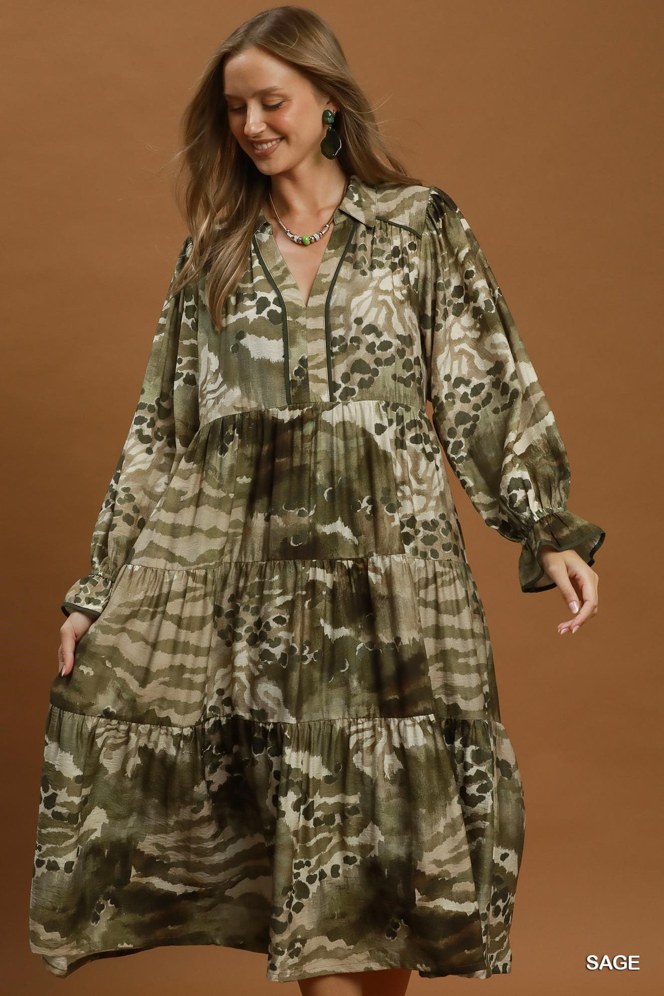 Umgee-Mixed Abstract Print Tiered Maxi Dress