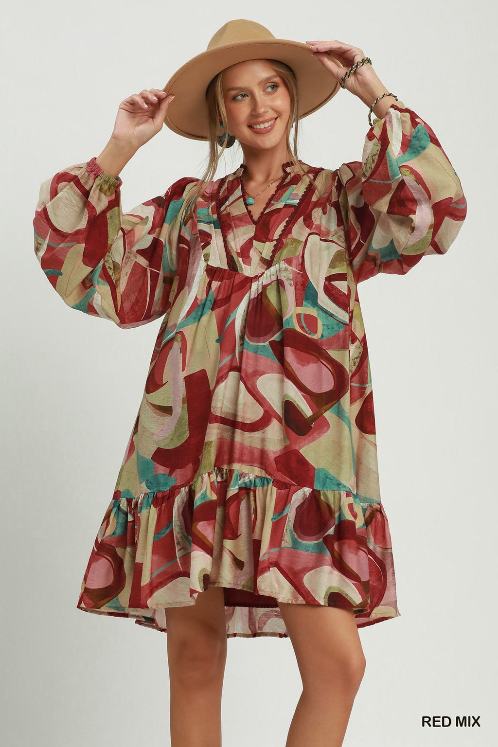 Umgee-Mix Abstract Print Ruffle Hem Babydoll Dress