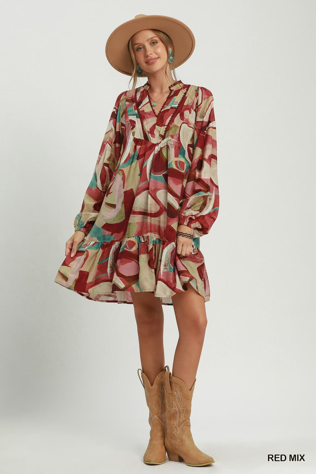 Umgee-Mix Abstract Print Ruffle Hem Babydoll Dress