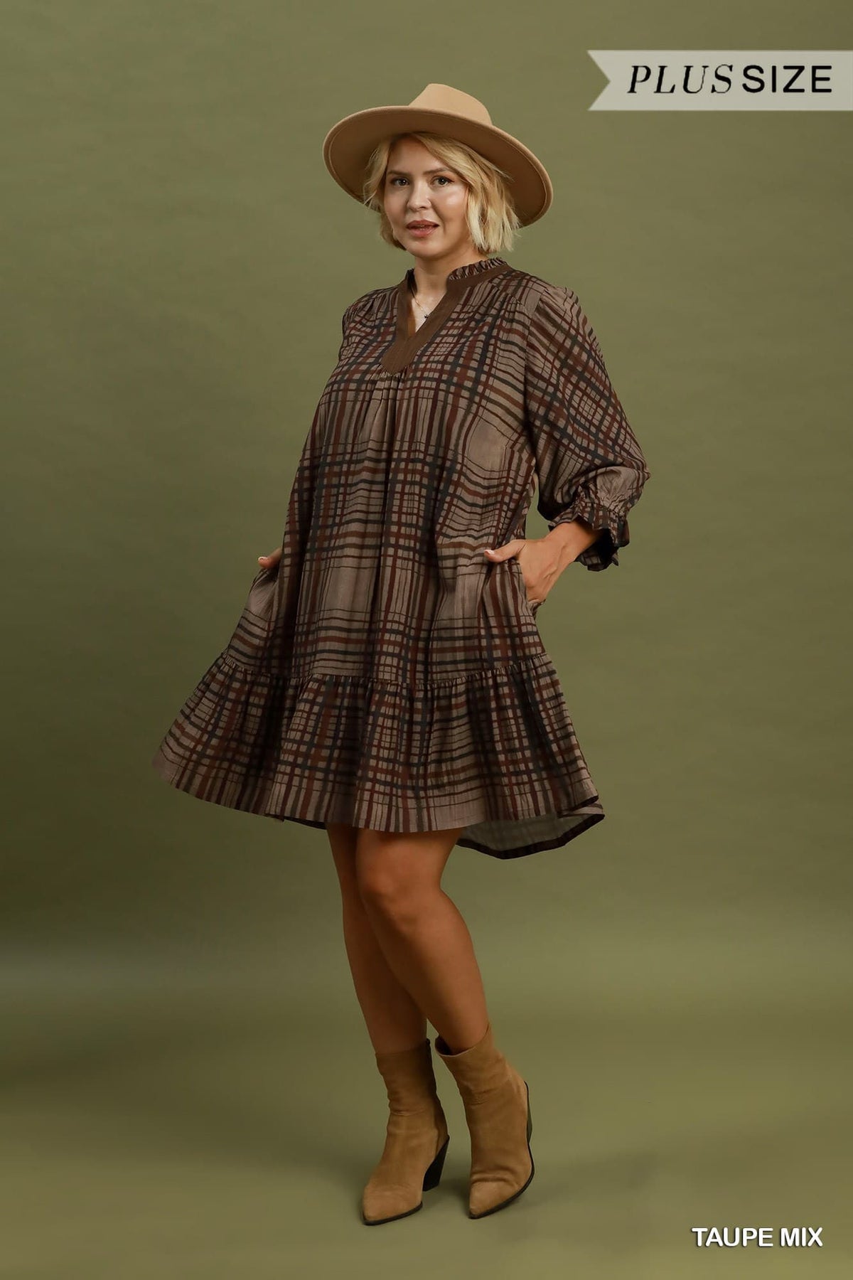 Umgee Plus Mix Plaid Print Tiered Babydoll Dress