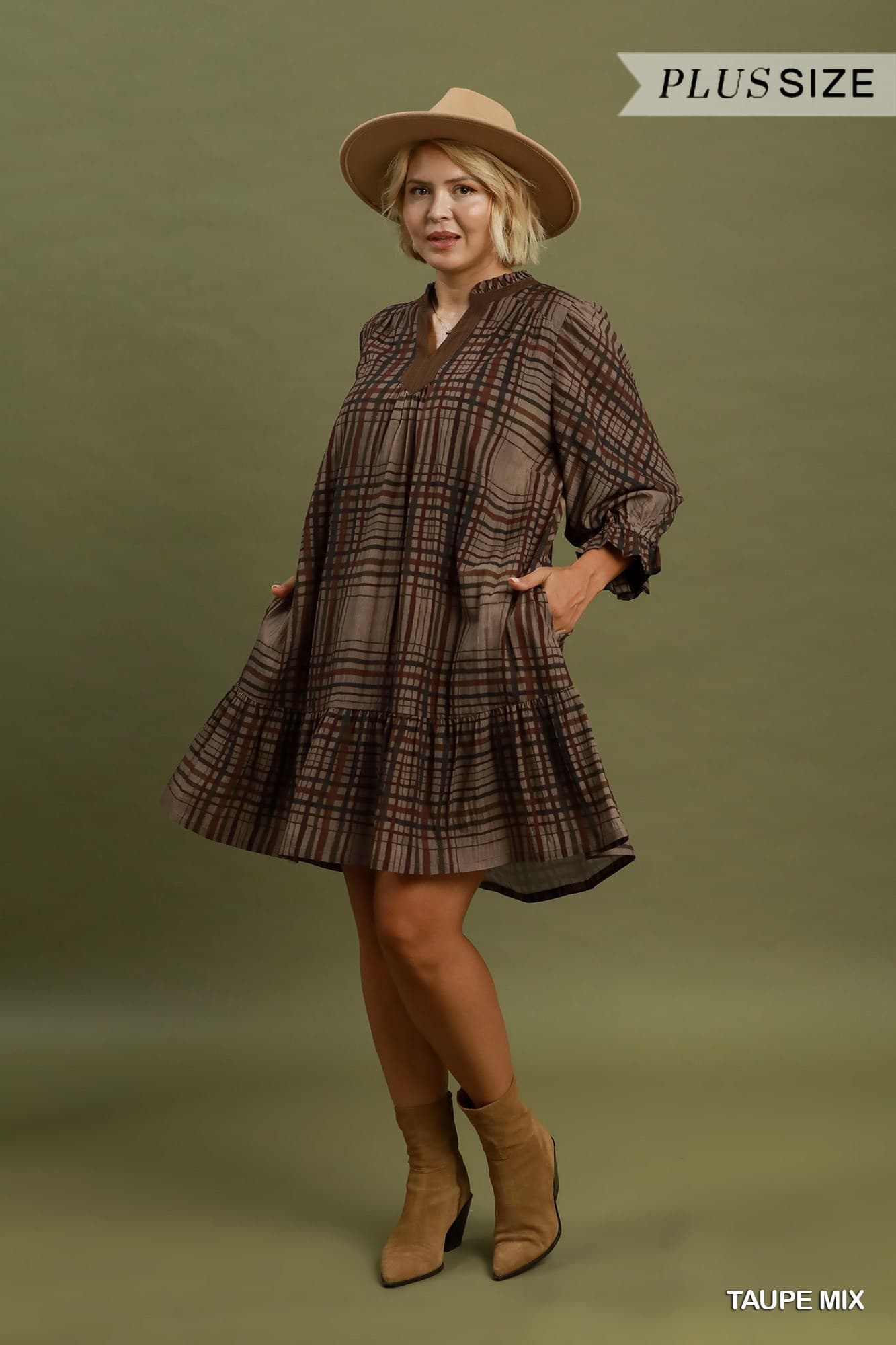 Umgee Plus Mix Plaid Print Tiered Babydoll Dress