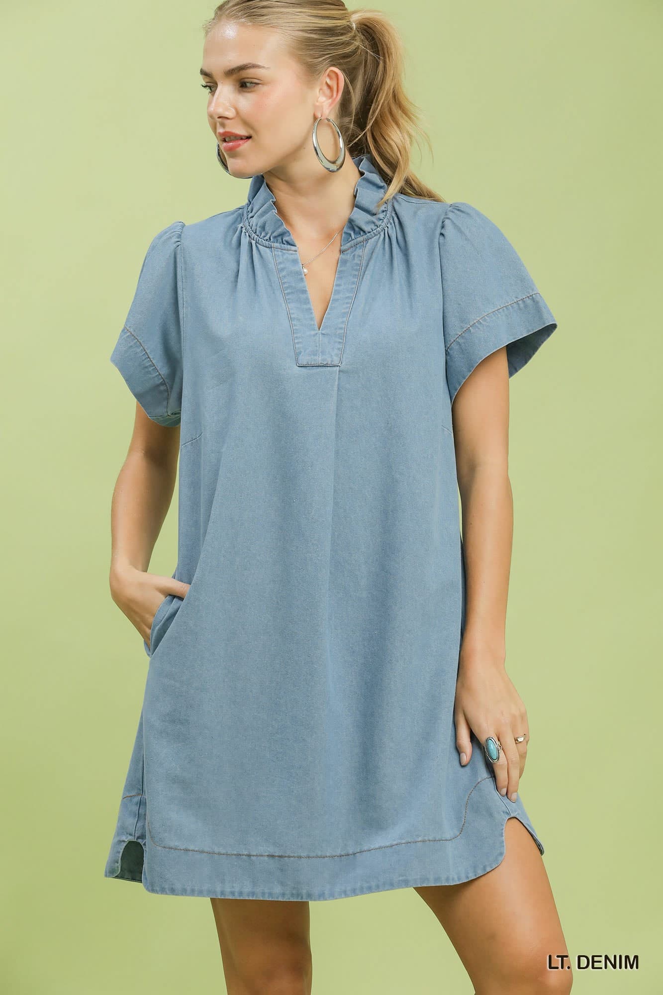 Umgee-Denim Ruffle Collar Mini Dress