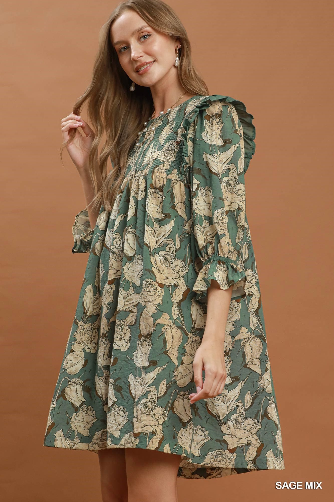 Umgee-Mix Floral Print Smocked Ruffle Detail Flowy Dress