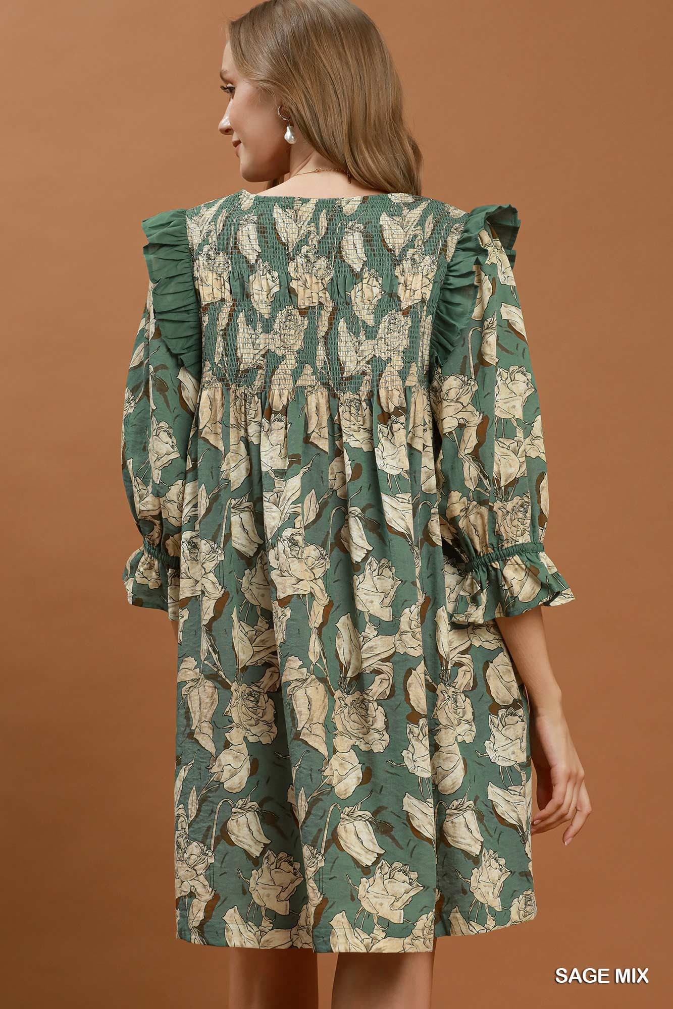 Umgee-Mix Floral Print Smocked Ruffle Detail Flowy Dress